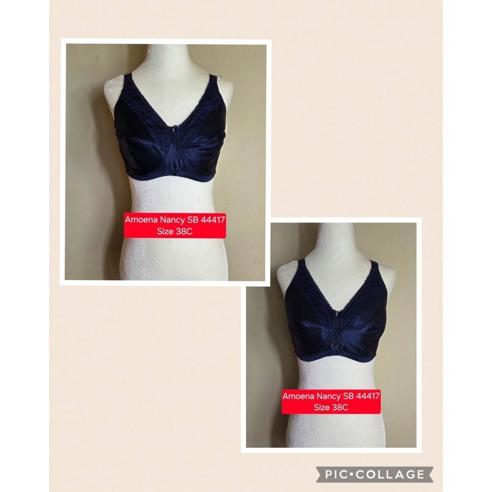 (2) Navy Bras Amoena Pocket Mastectomy Wirefree Lace Overlay Both Nancy SB 44417